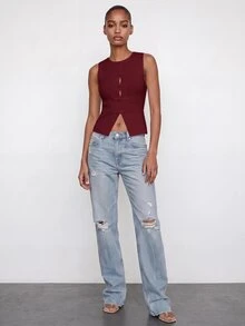 Maija Women's Solid Color Casual Versatile Daily Knit Top - Burgundy - View 5