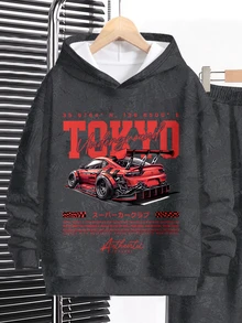 青少年男孩休閒舒適秋季新款時尚極簡圓領賽車圖案紋理圖案冬季街頭風畢業返校秋季連帽衫套裝，Y2K塗鴉遊戲紮染寬鬆舒適長袖日常外出適合戶外適合假期派對適合假期適合秋冬外出 - 彩色 - 查看 4