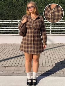 GalTyme 大尺碼女款格子長袖單排扣休閒襯衫洋裝 秋季 - 棕色 - 查看 1
