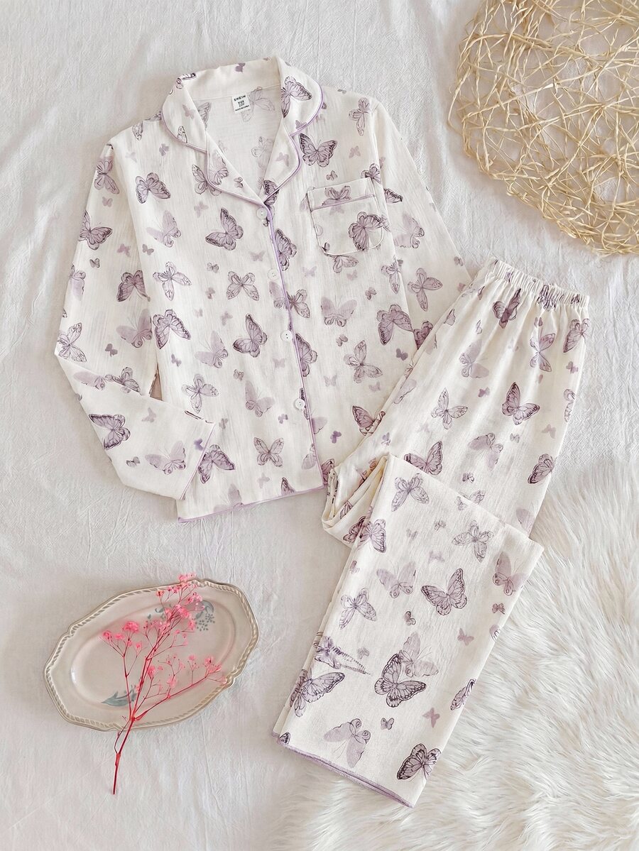 2pcs/Set Teen Girl Apricot Bow Print Long Sleeve Cardigan And Pants Casual Comfortable Loungewear - Apricot - View 1