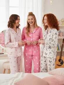 2pcs/Set Teen Girl Apricot Bow Print Long Sleeve Cardigan And Pants Casual Comfortable Loungewear - Apricot - View 2