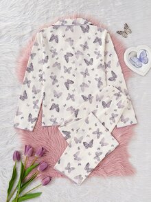 2pcs/Set Teen Girl Apricot Bow Print Long Sleeve Cardigan And Pants Casual Comfortable Loungewear - Apricot - View 3