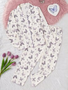 2pcs/Set Teen Girl Apricot Bow Print Long Sleeve Cardigan And Pants Casual Comfortable Loungewear - Apricot - View 6