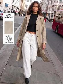 Maija 女款長版格紋拼接風衣外套，秋季辦公日常穿搭，卡其色經典優雅款 - 卡其色 - 查看 4