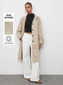 Maija 女款長版格紋拼接風衣外套，秋季辦公日常穿搭，卡其色經典優雅款 - 卡其色 - 查看 7