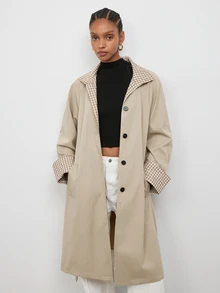 Maija 女款長版格紋拼接風衣外套，秋季辦公日常穿搭，卡其色經典優雅款 - 卡其色 - 查看 2