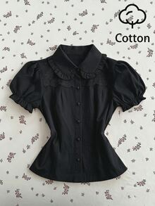 Elamini 女款黑色彼得潘領花瓣袖刺繡花卉蕾絲拼接裝飾正裝襯衫，適合辦公室、茶會、夏季優雅穿搭 - 黑色 - 查看 3