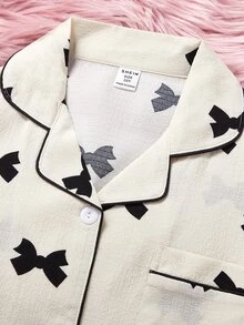 SHEIN 2件套 少女杏色可爱樱桃印花长裤短袖休闲宽松家居服套装 - 杏色 - 查看 7
