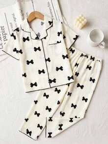 SHEIN 2件套 少女杏色可爱樱桃印花长裤短袖休闲宽松家居服套装 - 杏色 - 查看 2
