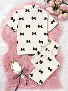 SHEIN 2件套 少女杏色可爱樱桃印花长裤短袖休闲宽松家居服套装 - 杏色 - 查看 4