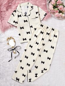 SHEIN 2件套 少女杏色可爱樱桃印花长裤短袖休闲宽松家居服套装 - 杏色 - 查看 5