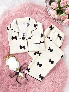 SHEIN 2件套 少女杏色可爱樱桃印花长裤短袖休闲宽松家居服套装 - 杏色 - 查看 6