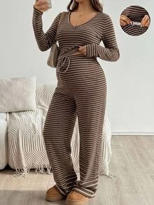 SHEIN Women's Maternity Striped Long Sleeve 2 Pieces Set - Brown - View 9
