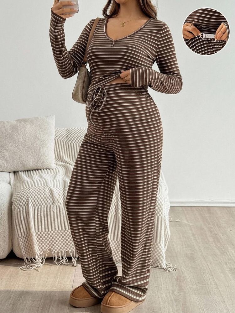 SHEIN 女款孕婦條紋長袖兩件套 - 棕色 - 查看 9