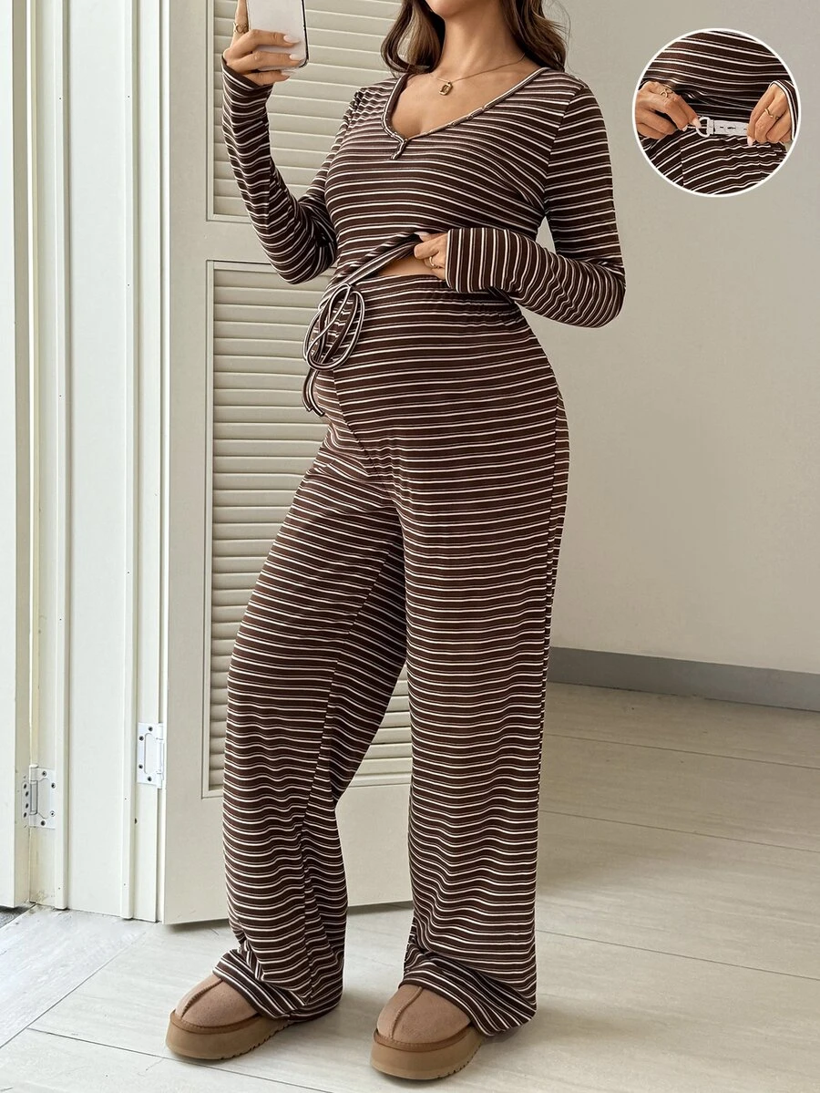 SHEIN Women's Maternity Striped Long Sleeve 2 Pieces Set - Brown - View 1