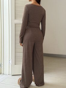 SHEIN Women's Maternity Striped Long Sleeve 2 Pieces Set - Brown - View 10