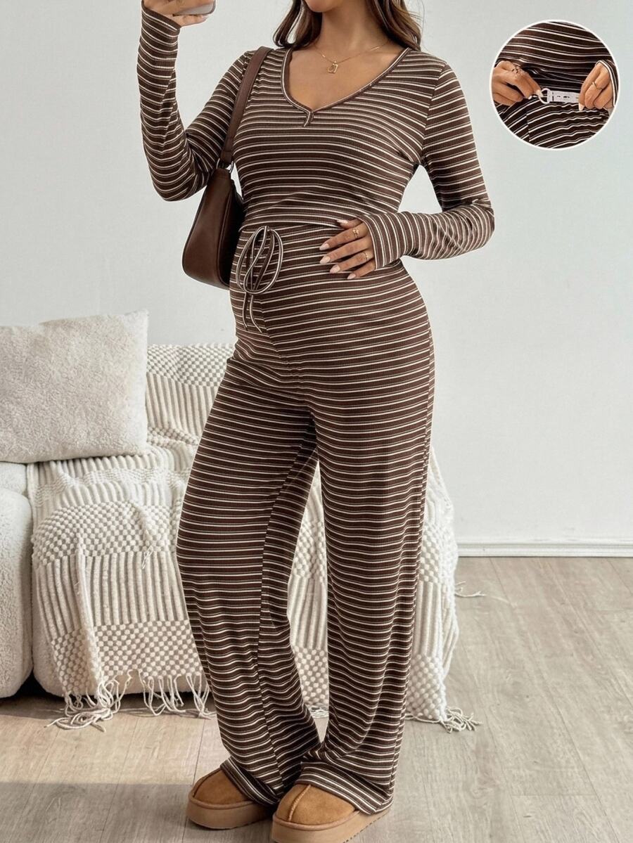 SHEIN Women's Maternity Striped Long Sleeve 2 Pieces Set - Brown - View 1