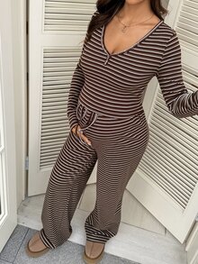 SHEIN Women's Maternity Striped Long Sleeve 2 Pieces Set - Brown - View 4