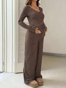 SHEIN Women's Maternity Striped Long Sleeve 2 Pieces Set - Brown - View 7