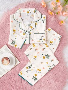 SHEIN 2pcs/Set Girls' Floral Pink Bow Print Long Sleeve Cardigan Long Pants Casual Cute Comfortable Homewear Set Night Autumn - Apricot - View 4
