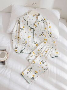 SHEIN 2pcs/Set Girls' Floral Pink Bow Print Long Sleeve Cardigan Long Pants Casual Cute Comfortable Homewear Set Night Autumn - Apricot - View 1