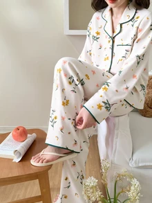 SHEIN 2pcs/Set Girls' Floral Pink Bow Print Long Sleeve Cardigan Long Pants Casual Cute Comfortable Homewear Set Night Autumn - Apricot - View 3