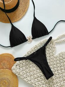 SHEIN Swim 女士纯色细肩带金属装饰丁字裤比基尼两件套，适合海滩度假 - 黑色 - 查看 2