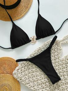 SHEIN Swim 女士纯色细肩带金属装饰丁字裤比基尼两件套，适合海滩度假 - 黑色 - 查看 4