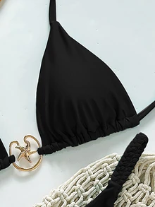 SHEIN Swim 女士纯色细肩带金属装饰丁字裤比基尼两件套，适合海滩度假 - 黑色 - 查看 5