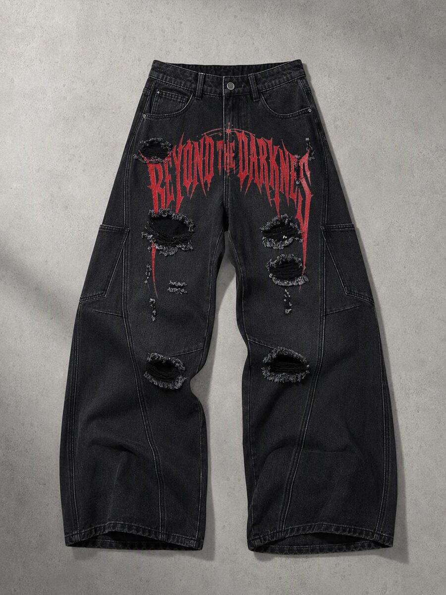 ROMWE MEN New American Street Style Orange-Red Cross Print Wide Leg Jeans, Unisex Black & Grey Distressed Patchwork Ripped Cargo Pants With Multiple Pockets, Baggy Oversized Floor-Length - Black - View 1