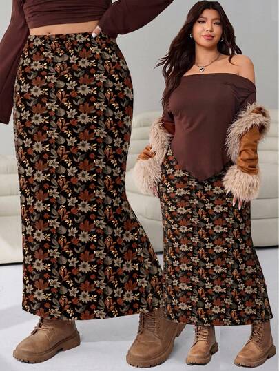 Solflare Casual Romantic Floral Print Plus Size Women's Knit Skirt