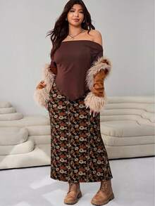 Solflare Casual Romantic Floral Print Plus Size Women's Knit Skirt - Multicolor - View 5