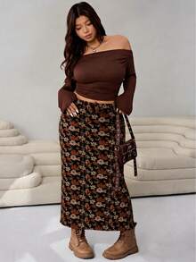Solflare Casual Romantic Floral Print Plus Size Women's Knit Skirt - Multicolor - View 4