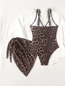 SHEIN Swim Leopard Print Random Deep V Sexy One-Piece Swimsuit For Women, 2-Piece Set With Mesh Wrap Skirt, Beach Holiday Sexy Swimwear - Multicolor - View 3