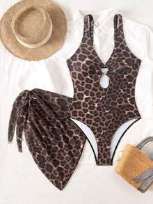 SHEIN Swim Leopard Print Random Deep V Sexy One-Piece Swimsuit For Women, 2-Piece Set With Mesh Wrap Skirt, Beach Holiday Sexy Swimwear - Multicolor - View 2