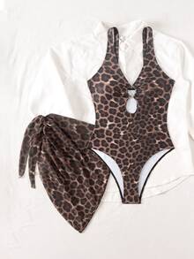 SHEIN Swim Leopard Print Random Deep V Sexy One-Piece Swimsuit For Women, 2-Piece Set With Mesh Wrap Skirt, Beach Holiday Sexy Swimwear - Multicolor - View 4