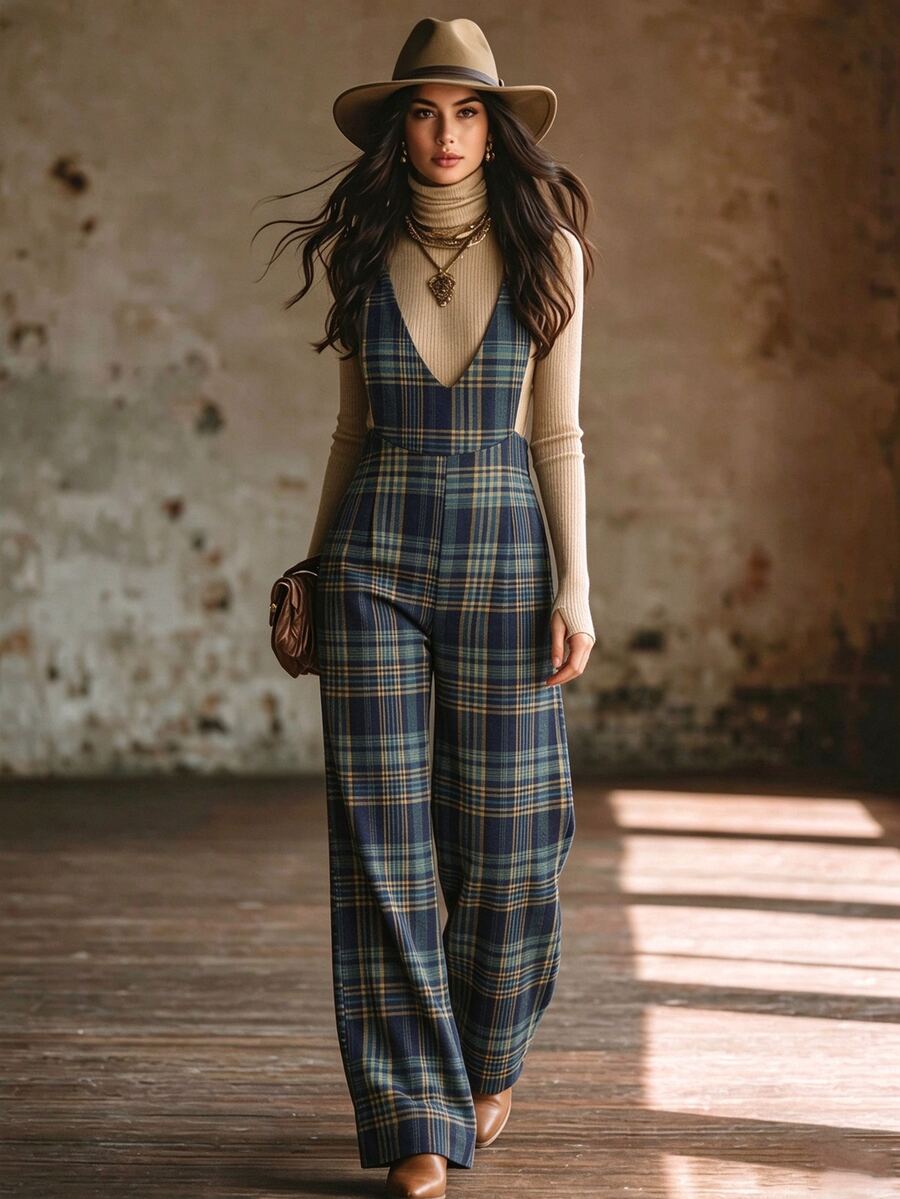 Balvessa Jumpsuit Kotak-kotak Kasual Wanita, Musim Gugur/Dingin - MultiWarna - View 1
