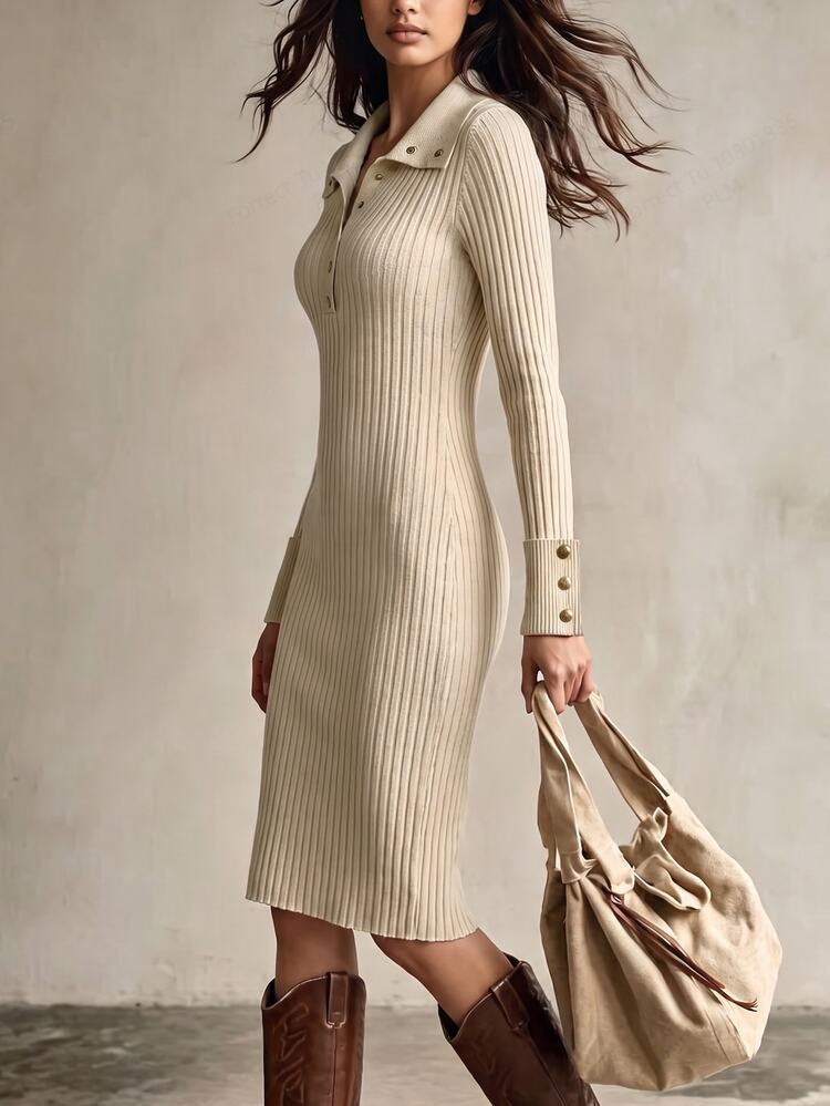 SHEIN LUNE Women Sweater Dresses Office Brunch Work Cream White Autumn Casual Simple Elegant - Apricot - View 4
