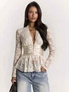 SHEIN BAE سترة كاجوال نسائية من الدانتيل مع تطريز وتجاعيد - لون مشمشي - مشاهدة 1