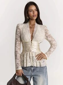 SHEIN BAE سترة كاجوال نسائية من الدانتيل مع تطريز وتجاعيد - لون مشمشي - مشاهدة 5