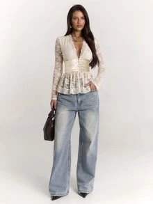 SHEIN BAE سترة كاجوال نسائية من الدانتيل مع تطريز وتجاعيد - لون مشمشي - مشاهدة 3