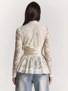 SHEIN BAE سترة كاجوال نسائية من الدانتيل مع تطريز وتجاعيد - لون مشمشي - مشاهدة 2