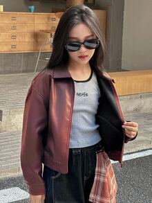 DAZY 少女纯色落肩长袖拉链PU皮宽松休闲外套 春季 - 酒紅色 - 查看 6