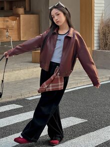 DAZY 少女纯色落肩长袖拉链PU皮宽松休闲外套 春季 - 酒紅色 - 查看 2
