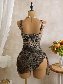 SHEIN Swim 豹纹随机深V性感连体泳衣，女士两件套，带网纱裹裙，沙滩度假性感泳装 - 彩色 - 查看 5