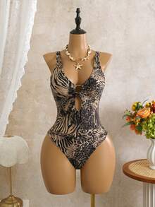 SHEIN Swim 豹纹随机深V性感连体泳衣，女士两件套，带网纱裹裙，沙滩度假性感泳装 - 彩色 - 查看 6