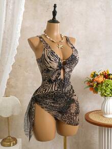 SHEIN Swim 豹纹随机深V性感连体泳衣，女士两件套，带网纱裹裙，沙滩度假性感泳装 - 彩色 - 查看 4