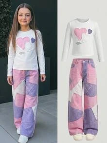 SHEIN Kids Tween Girls Colorblock Graphic Pocket Zipper Round Neck Slim Fit 2 Pieces Long Sleeve Tee Set Streetwear Fall Winter - Multicolor - View 7