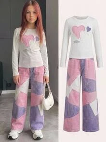 SHEIN Kids Tween Girls Colorblock Graphic Pocket Zipper Round Neck Slim Fit 2 Pieces Long Sleeve Tee Set Streetwear Fall Winter - Multicolor - View 8