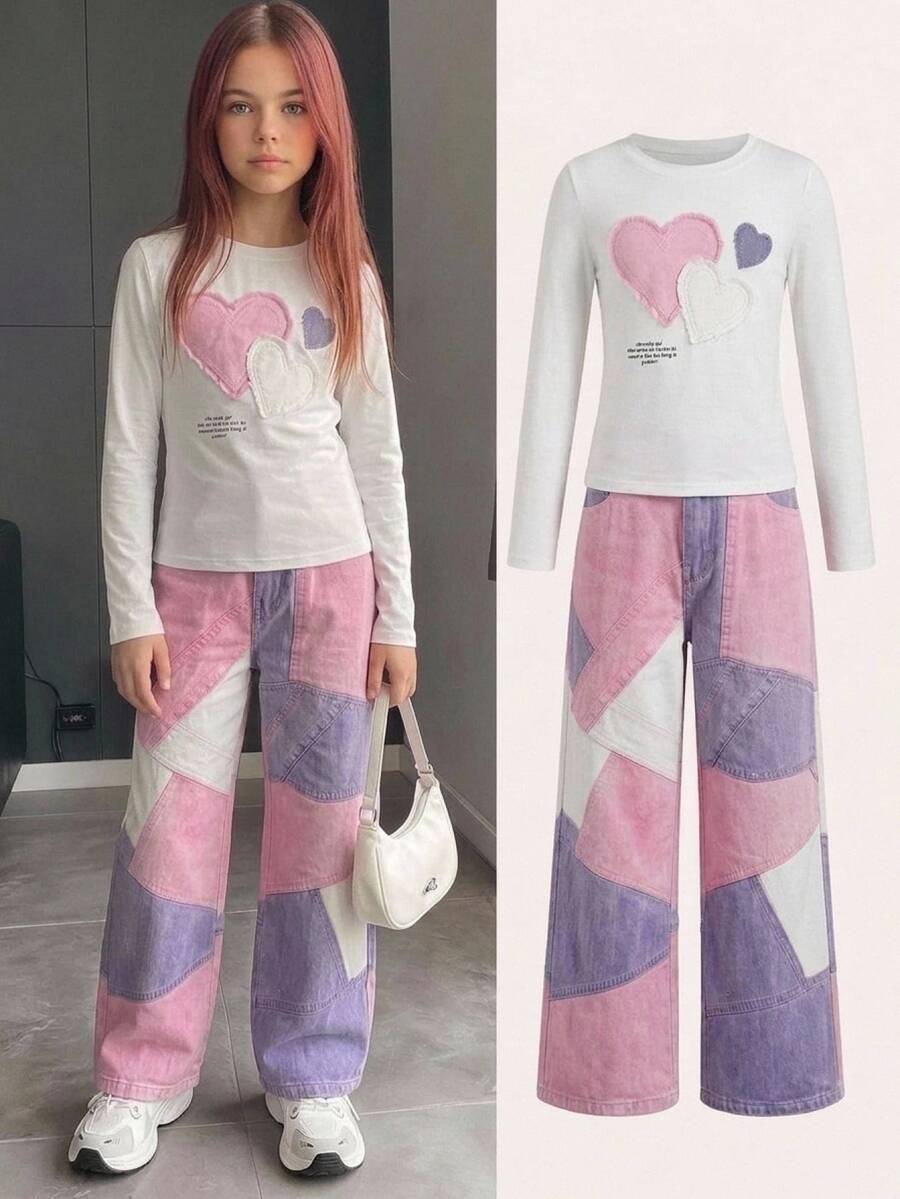 SHEIN Kids Tween Girls Colorblock Graphic Pocket Zipper Round Neck Slim Fit 2 Pieces Long Sleeve Tee Set Streetwear Fall Winter - Multicolor - View 1